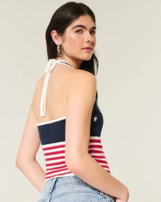 Amerikan lipun kuvioinen virkattu halterneck-toppi