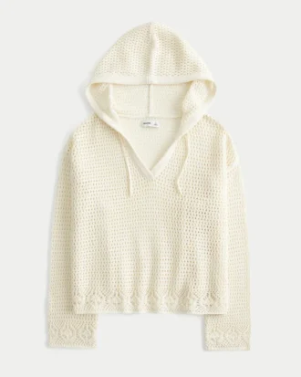 Beachy-tyylinen virkattu huppari, V-kaulus