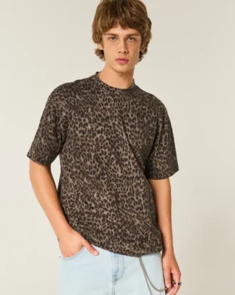 Boxy Heavyweight Leopard Print Cotton Crew T-paita