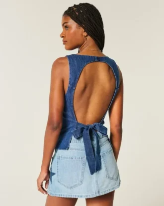 Denim-toppi, avoin selkä