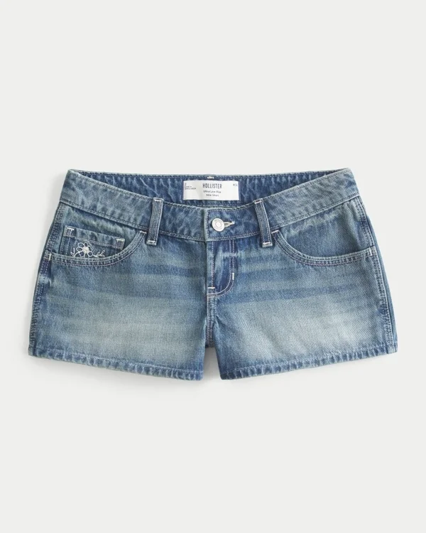 Erittäin matala vyötärö, keskipitkä pesu, kukkakirjailtu denim-minishortsit Erittäin matala vyötärö, keskipitkä pesu, kukkakirjailtu denim-minishortsit