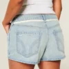 Erittäin matala vyötärö, vaalea pesu, pitsi-nauhat, denim-minishortsit Erittäin matala vyötärö, vaalea pesu, pitsi-nauhat, denim-minishortsit