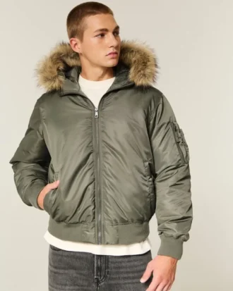 Faux Fur Trim Zip-Up Bomber Jacket