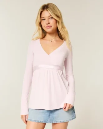 Helppo pitkähihainen babydoll-paita, jossa on kietaisumalli edessä Helppo pitkähihainen babydoll-paita, jossa on kietaisumalli edessä