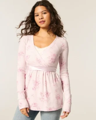 Helppo pitkähihainen babydoll-paita, jossa on kietaisumalli edessä Helppo pitkähihainen babydoll-paita, jossa on kietaisumalli edessä