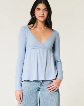 Helppo pitkähihainen Pointelle-babydoll-toppi
