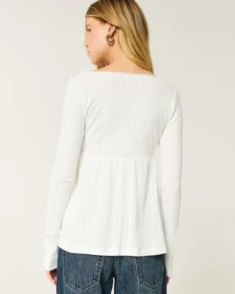 Helppo pitkähihainen Pointelle-babydoll-toppi