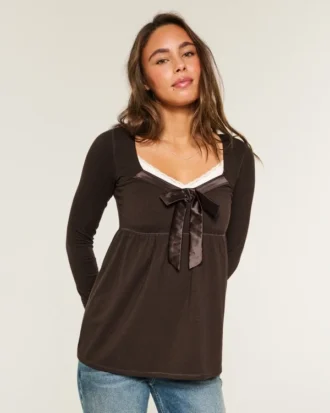 Holiday Vault Release Easy Satin Tie-Front Knit Babydoll Top Holiday Vault Release Easy Satin Tie-Front Knit Babydoll Top