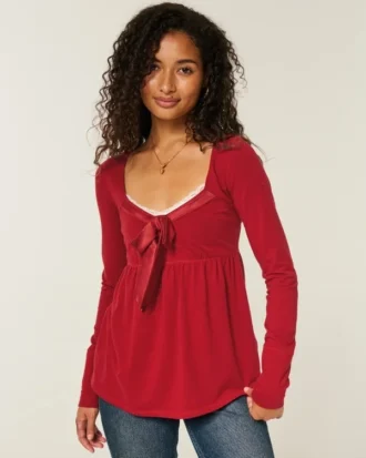 Holiday Vault Release Easy Satin Tie-Front Knit Babydoll Top Holiday Vault Release Easy Satin Tie-Front Knit Babydoll Top