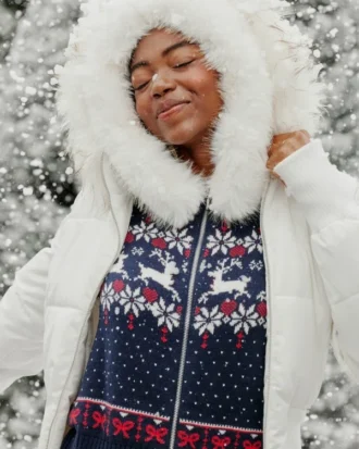 Huppu, tekoturkisreunus, Fair Isle -vetoketjullinen villapaita