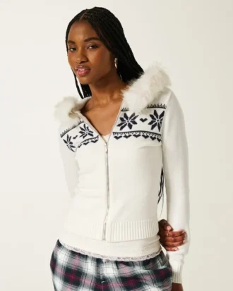 Huppu, tekoturkisreunus, Fair Isle -vetoketjullinen villapaita