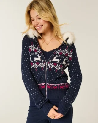 Huppu, tekoturkisreunus, Fair Isle -vetoketjullinen villapaita