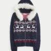 Huppu, tekoturkisreunus, Fair Isle -vetoketjullinen villapaita Huppu, tekoturkisreunus, Fair Isle -vetoketjullinen villapaita