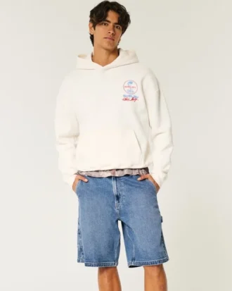 Keskipitkät, väljät maalarin denimshortsit