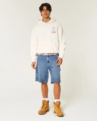 Keskipitkät, väljät maalarin denimshortsit
