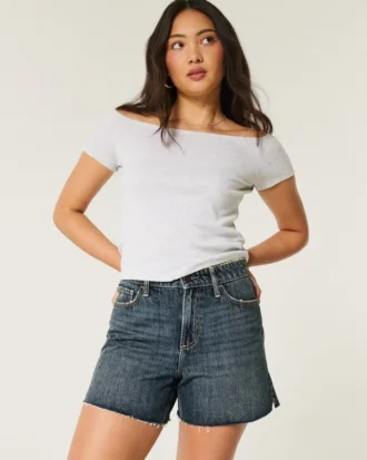 Kurvikas korkeavyötäröinen tumma pesu rento denimshortsit 5″