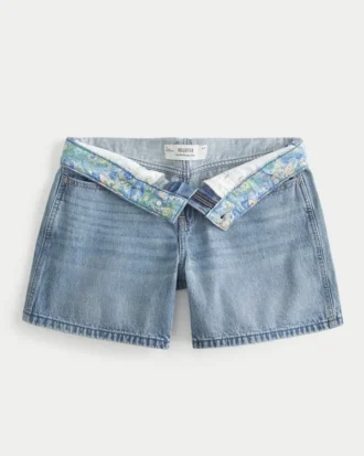 Matala vyötärö, keskipitkä pesu, taitettava vyötärö, väljä denimshortsit 5″