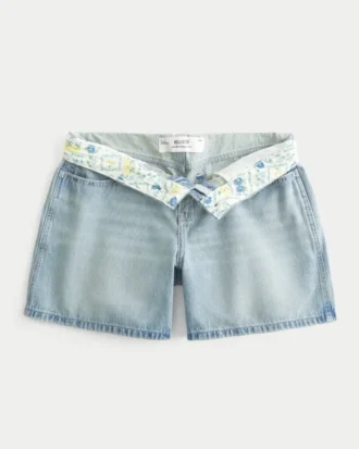 Matala vyötärö, vaalea pesu, taitettava vyötärö, väljät denimshortsit 5″ Matala vyötärö, vaalea pesu, taitettava vyötärö, väljät denimshortsit 5″