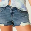 Matala vyötäröinen, kulutettu, keskipitkä pesu denim-minishortsit Matala vyötäröinen, kulutettu, keskipitkä pesu denim-minishortsit