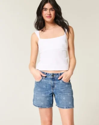 Matala vyötäröinen, rusettikuvioinen, väljä denimshortsit