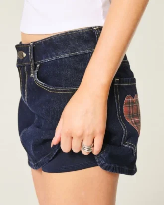 Matala vyötäröinen tumma pesu ruudullinen taskuinen denim-minihame