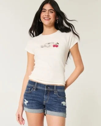Matala vyötäröiset, repeytyneet tummat denim-shortit