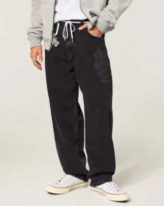 Pesty musta Dragon-grafiikka Skater Baggy Jeans