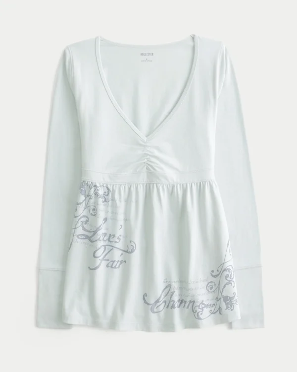 Pitkähihainen, rintamuksellinen graafinen babydoll-toppi Pitkähihainen, rintamuksellinen graafinen babydoll-toppi