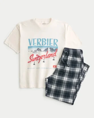 Sveitsiläinen graafinen T-paita ja flanelliset pyjamahousut